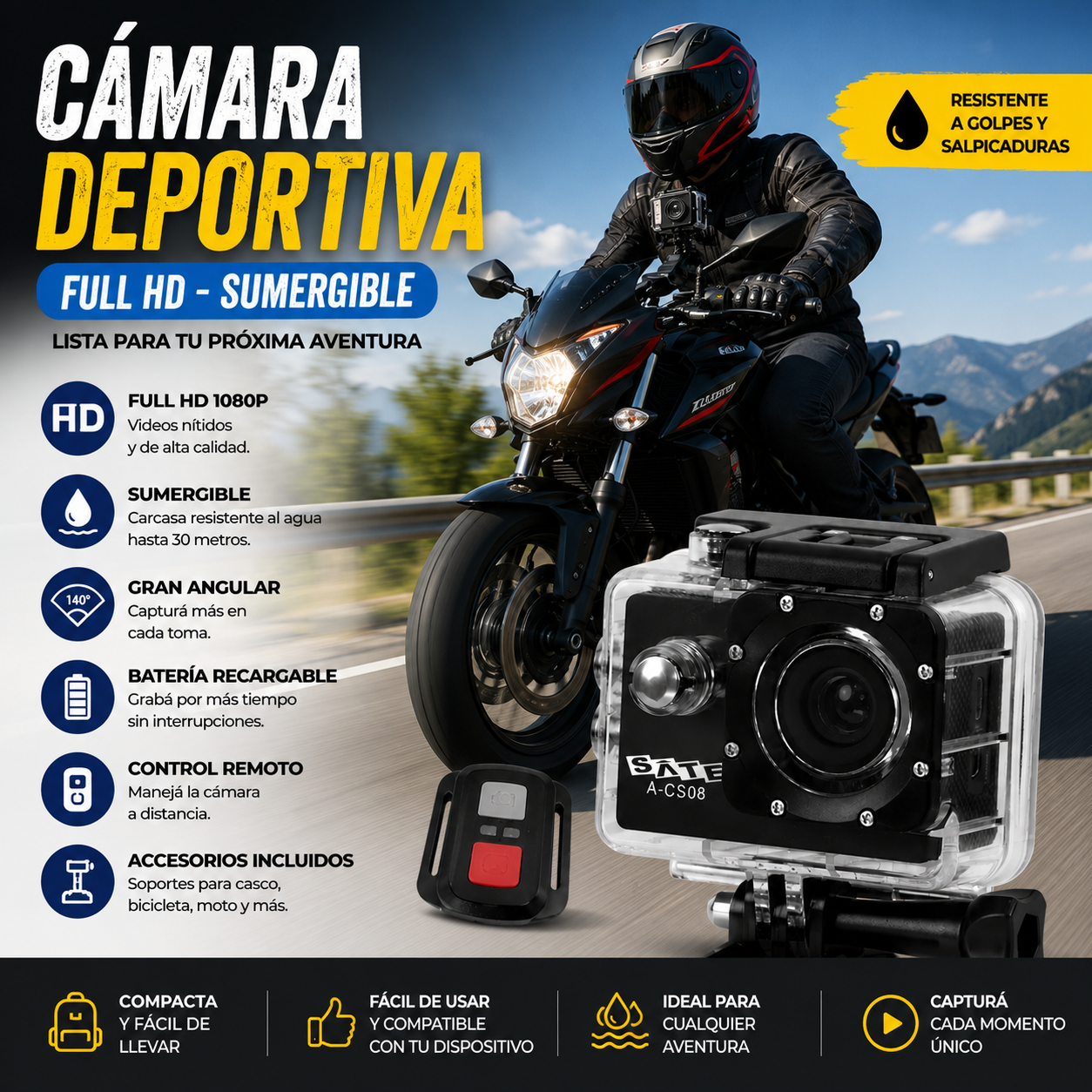 📷 Cámara Deportiva Full HD Sumergible – Capturá cada aventura