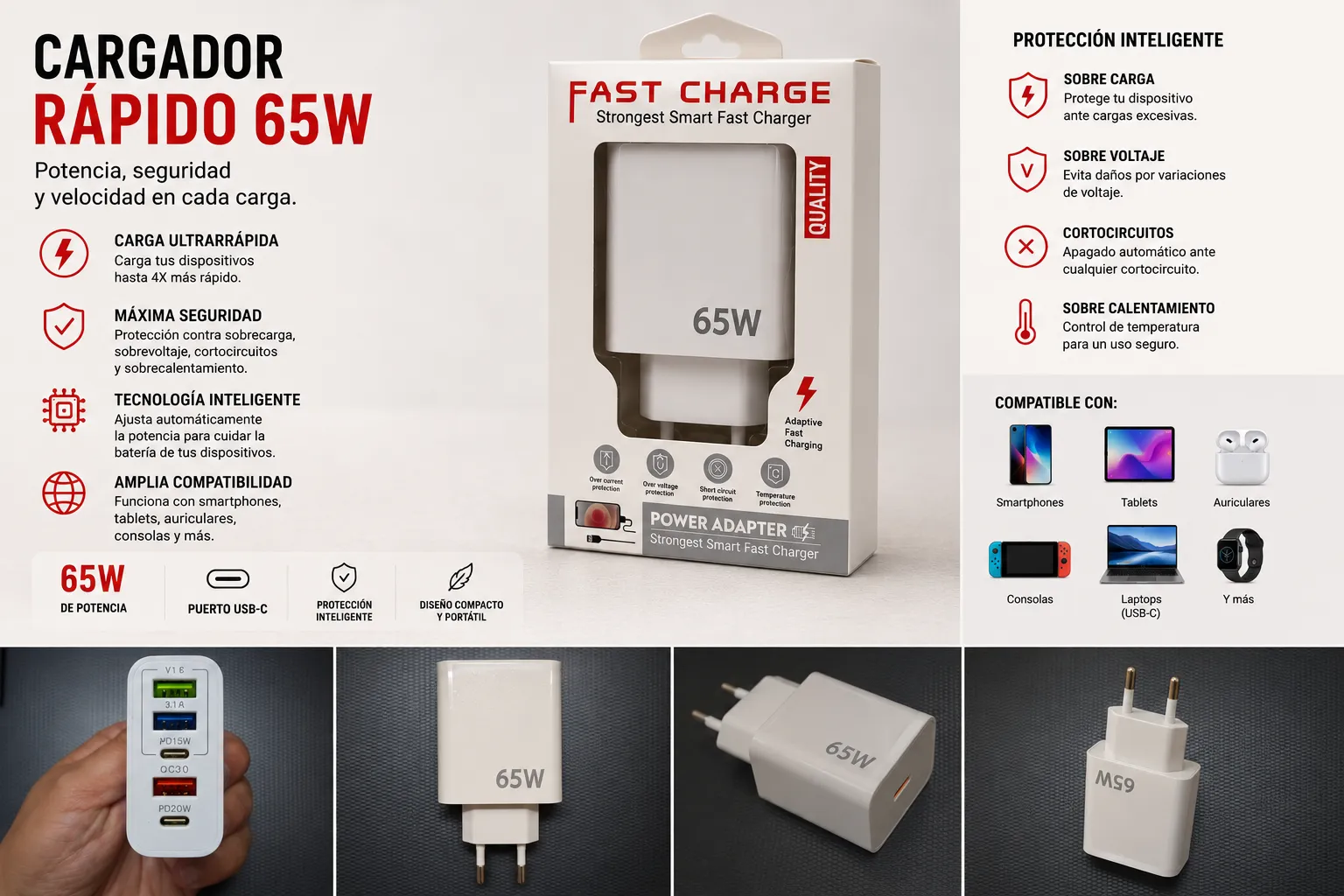 CARGADOR RÁPIDO 65W MULTIPUERTO – POTENCIA PARA TODOS TUS DISPOSITIVOS 🔋📱