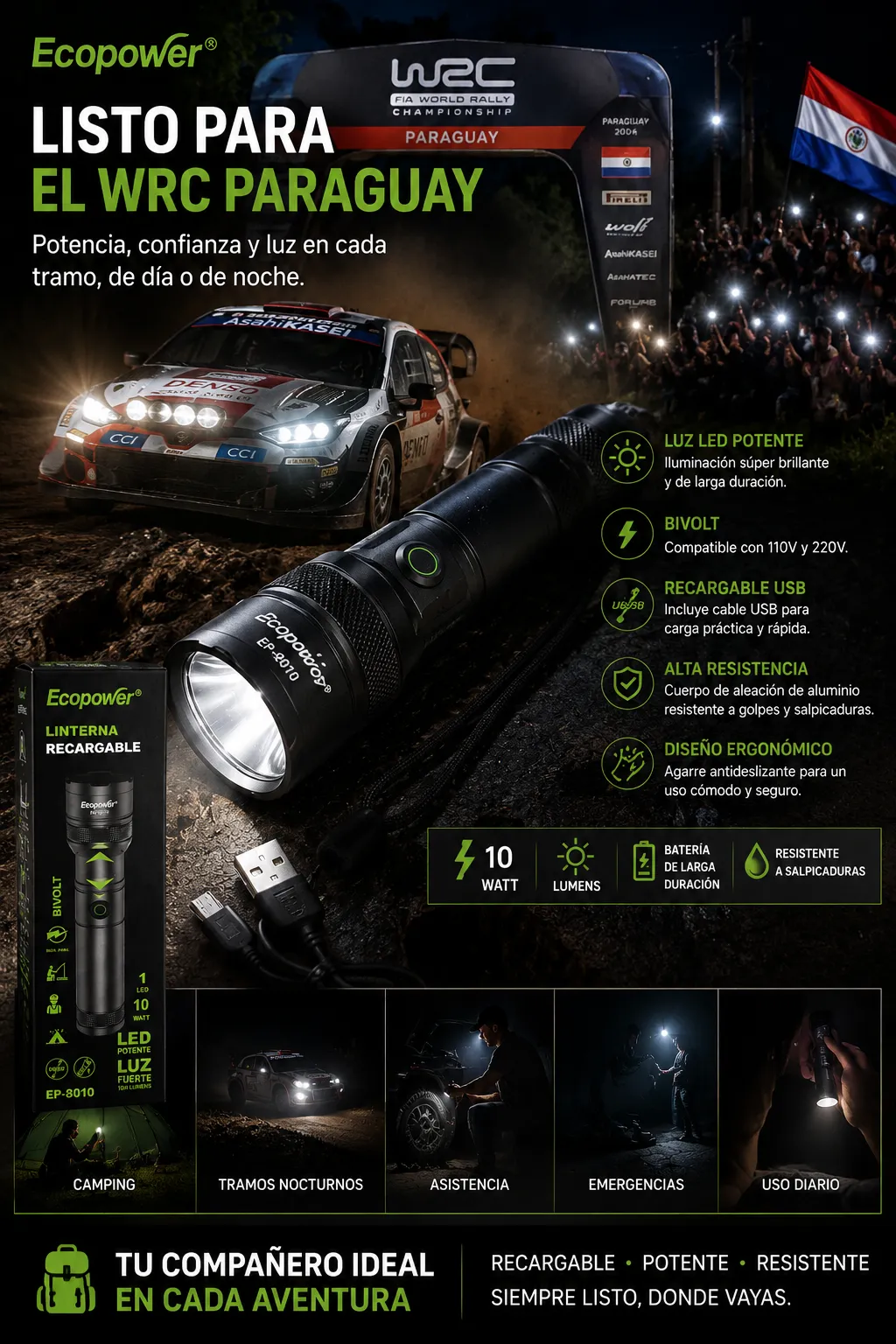 🔦 LINTERNA RECARGABLE ECOPOWER EP-8010 – LED 10W🔦🏕️✨